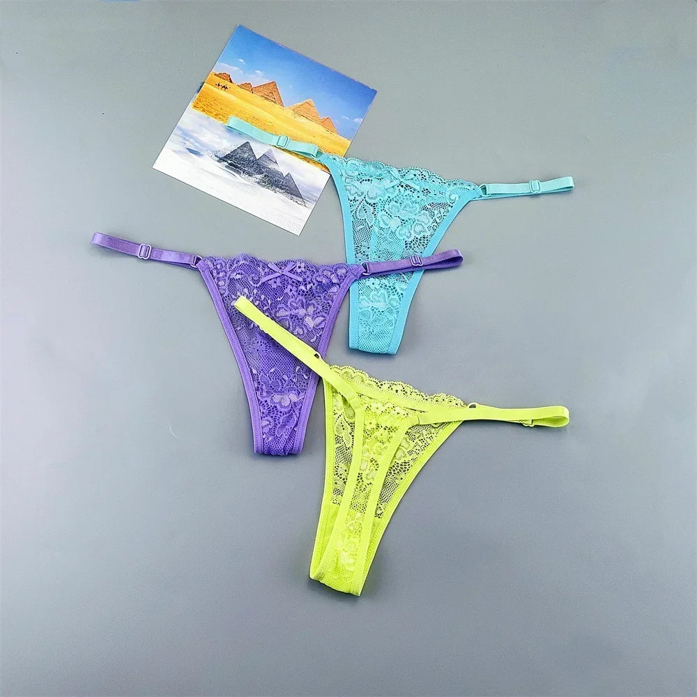 3PCS Einstellbare Sexy Transparent Tanga Höschen Frauen Spitze Unterwäsche Niedrige Taille Weibliche T-zurück String Unterhose
